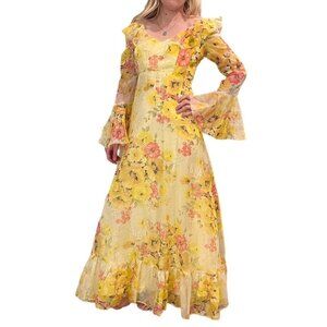 American Vintage 70s 80s Bridesmaid Evening Prom Dress Gown Size SMALL Floral